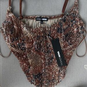 Fashion Nova Glittering Sequin Bodysuit in Brown and Black